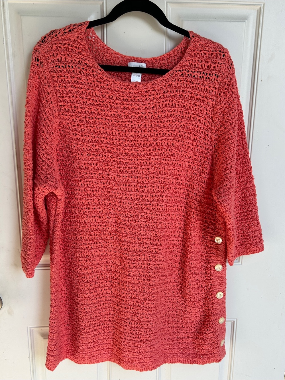 J. Jill Coral Crochet Crewneck Sweater with Side Buttons